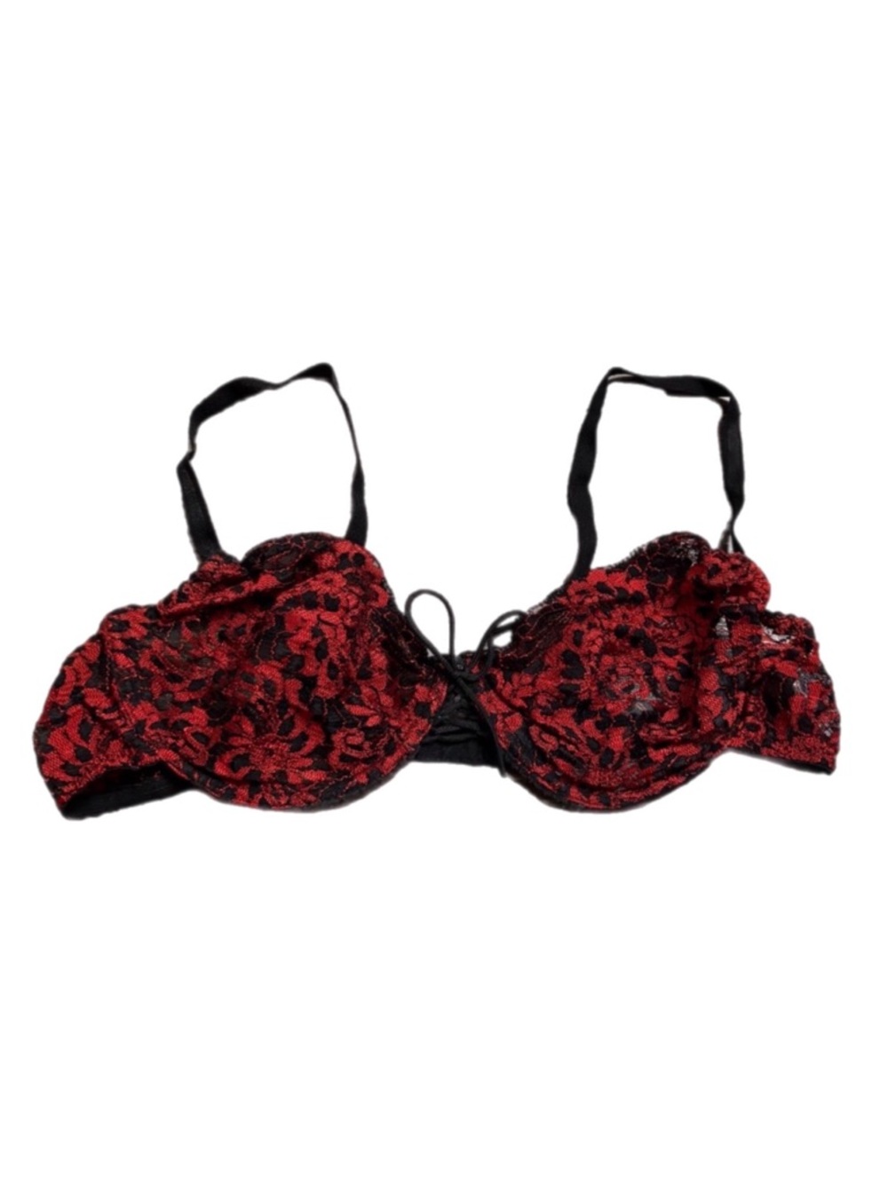 80s/90s European Vintage Floral Lace Unlined Lace-Up Bra (Black/Red) 36B/34C